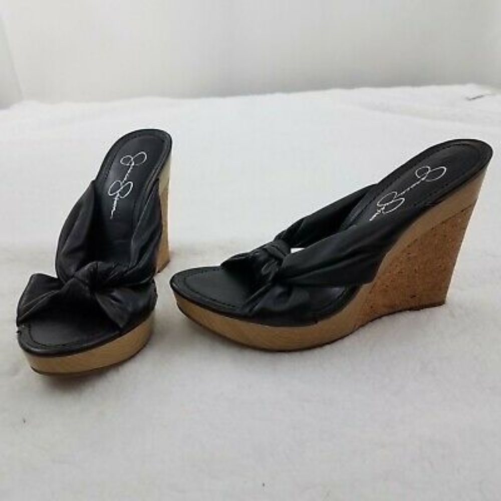 Jessica Simpson black knot cork wedges
